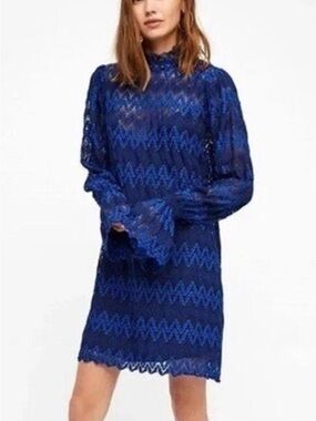 Free People EUC Bright Blue Lace Long-Sleeve Dress